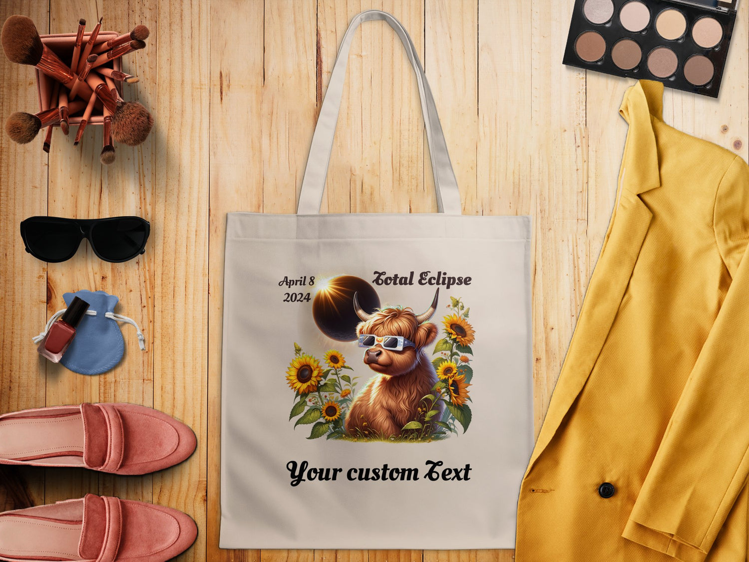 Highland Cow Watching 2024 Eclipse with glasses  Tote bag to be personalized 