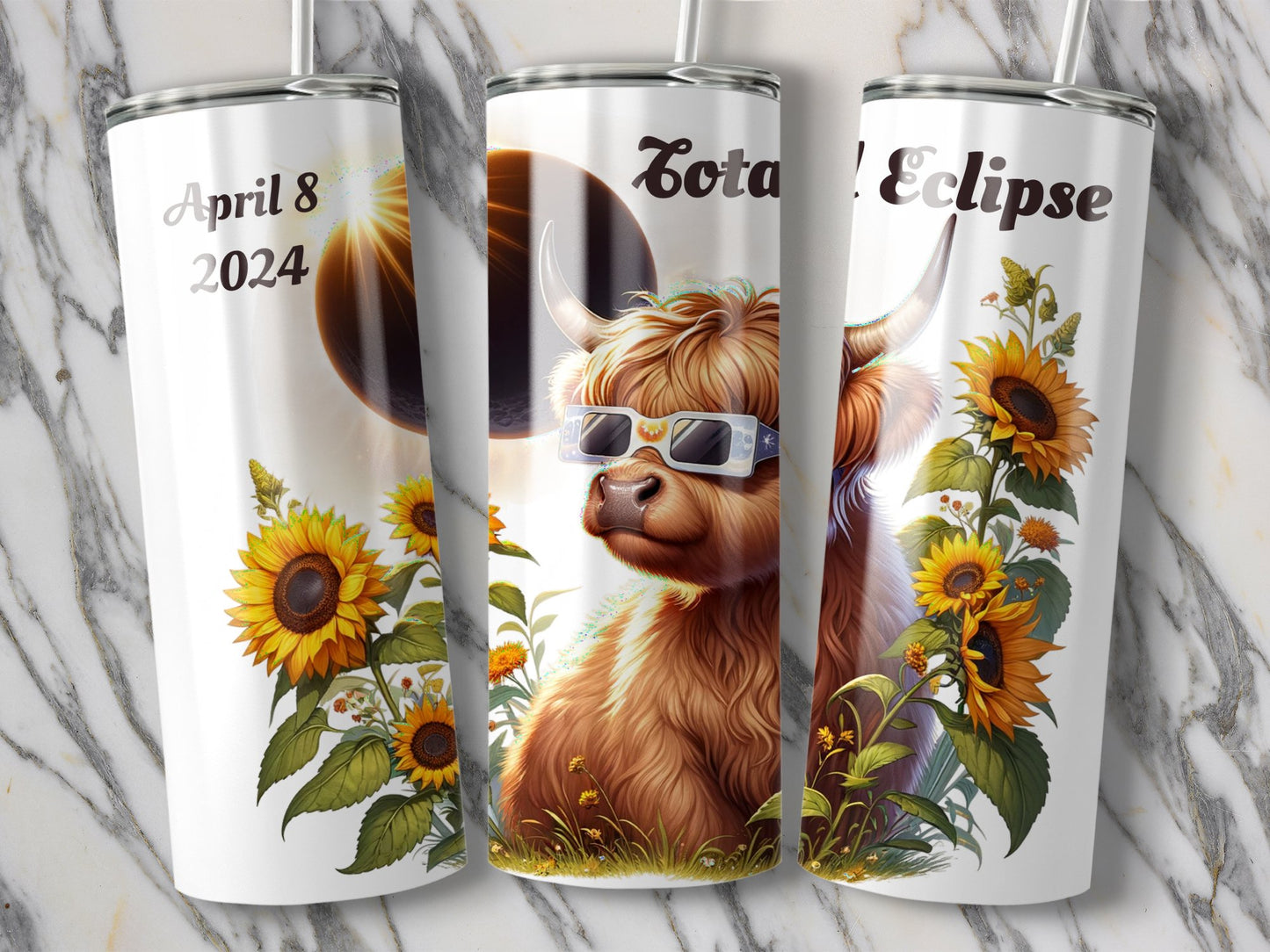 Highland Cow Eclipse Tumbler, Solar Eclipse April 8 2024