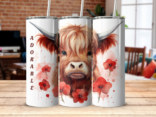 Highland Cow "Adorable" Tumbler with Red Poppies, Rustic  20oz Skinny  tumbler. 