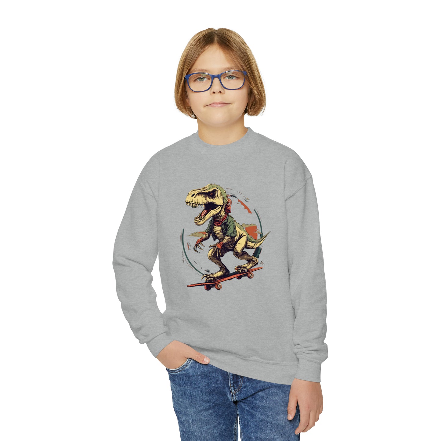 Prehistoric Skater Kids' Dinosaur on Skateboard -  Youth Crewneck Sweatshirt