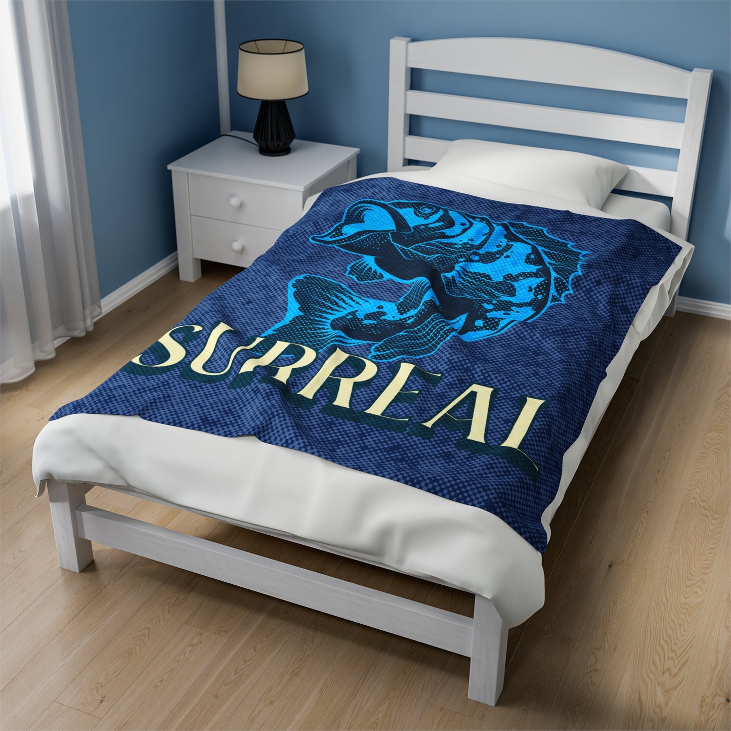 Velveteen Plush Blanket, Blue Fish Design with SURREAL Typography - Cozy Throw, Bedding, Ocean Lover Gift, Home Decor,