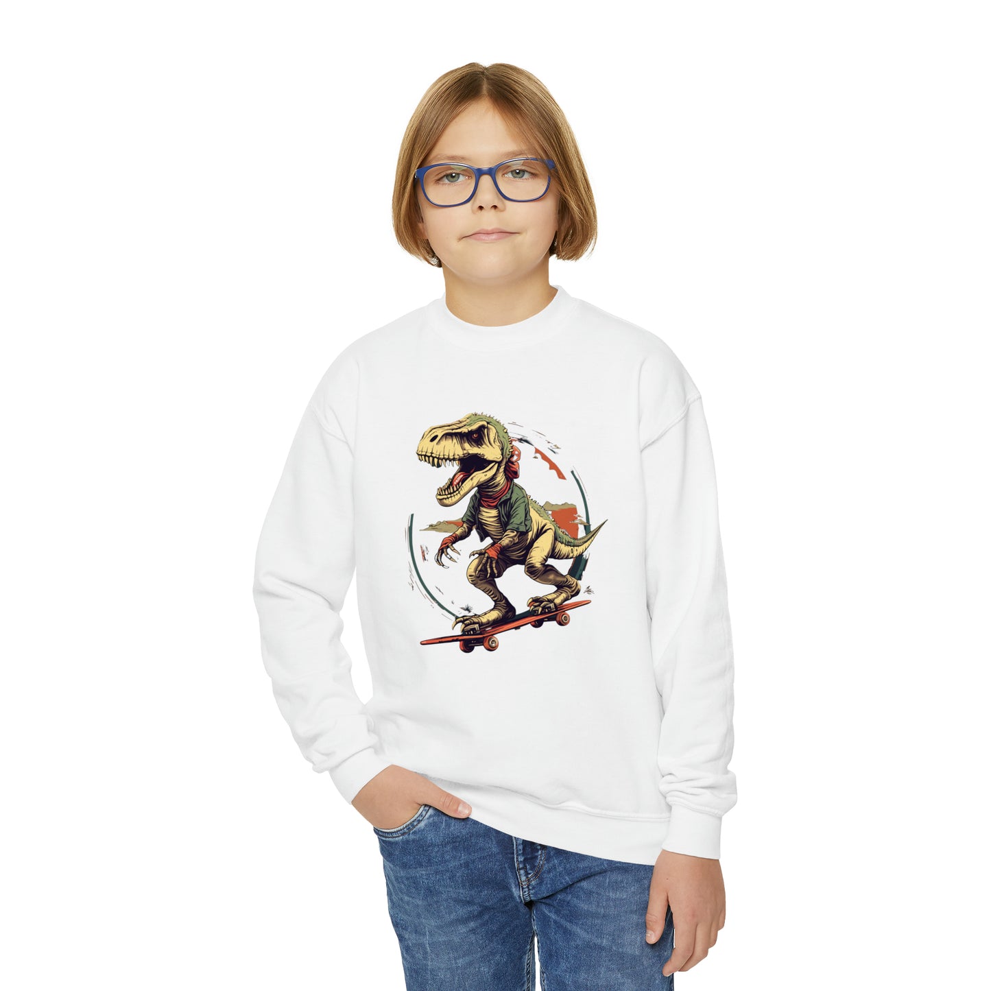 Prehistoric Skater Kids' Dinosaur on Skateboard -  Youth Crewneck Sweatshirt