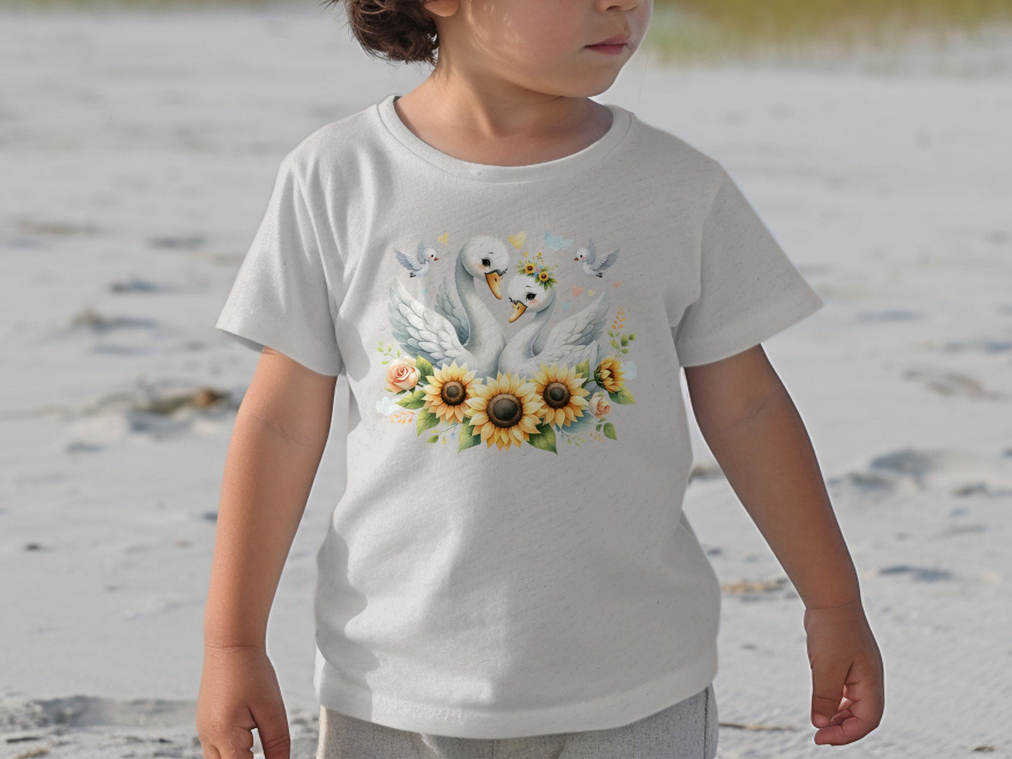 Toddler Swan Print T-Shirt with Sunflowers