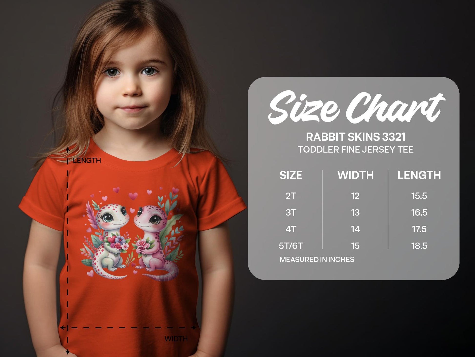 Adorable Lizard Cartoon T-shirt for Toddlers, Cute Geckos Graphic Tee with Rabbit Skins 3321 size chart