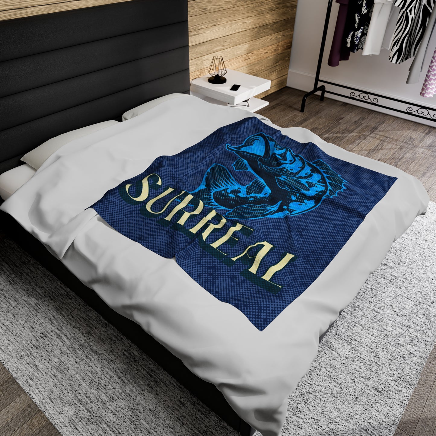 Velveteen Plush Blanket, Blue Fish Design with SURREAL Typography - Cozy Throw, Bedding, Ocean Lover Gift, Home Decor,