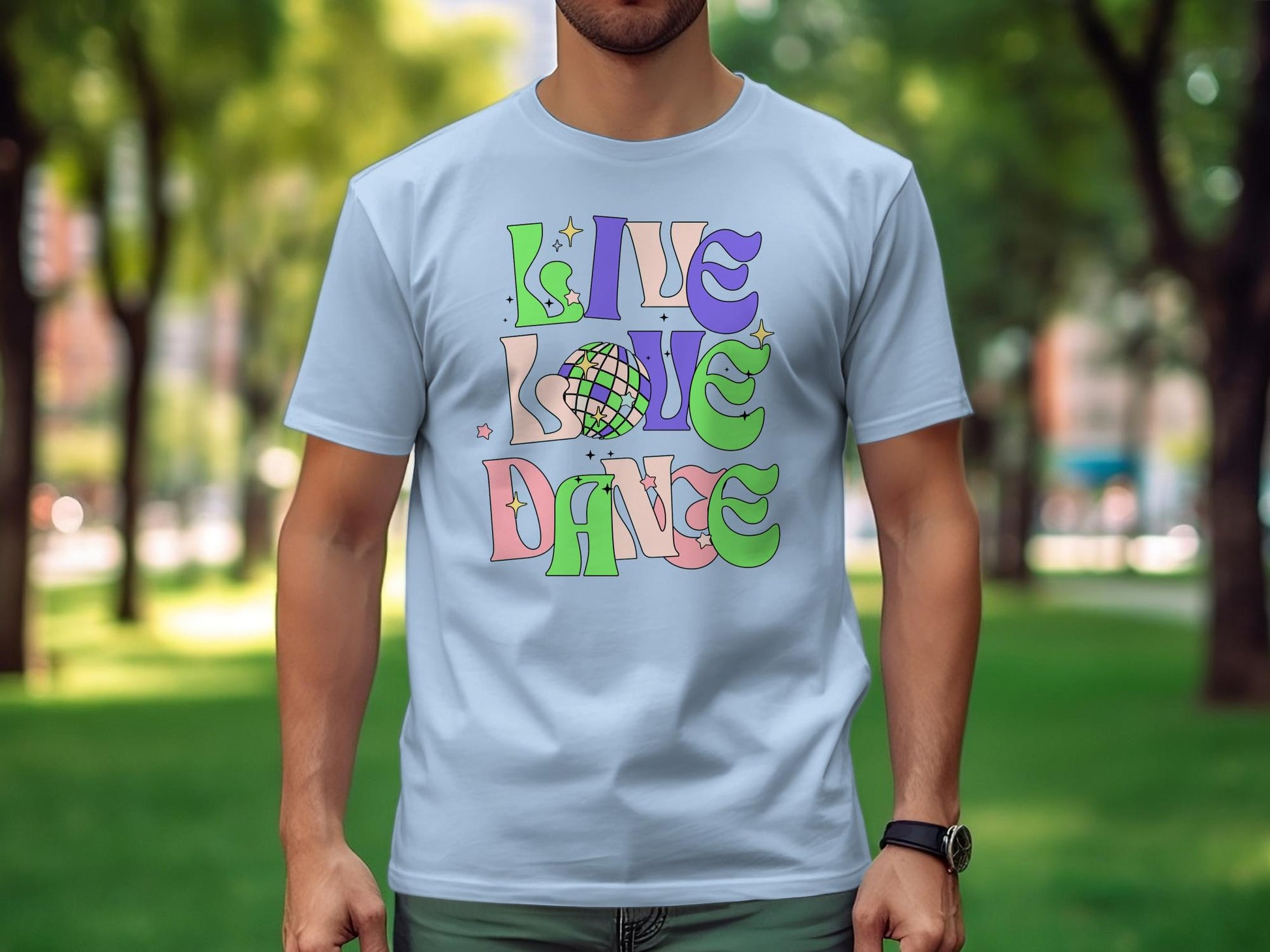 Retro Disco Dance Graphic Tee, Colorful Live Love Dance T-Shirt