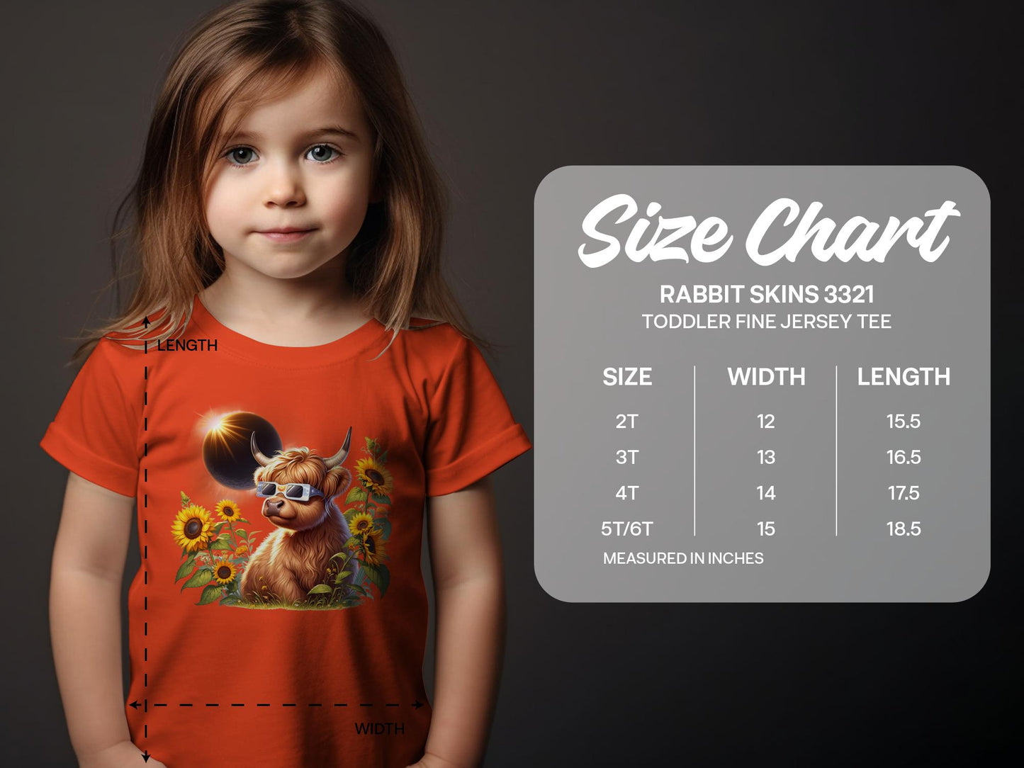 2024 Solar Eclipse Toddler Shirt, Cute Highland Cow Toddler Tee with Rabbit Skins 3321 size chart