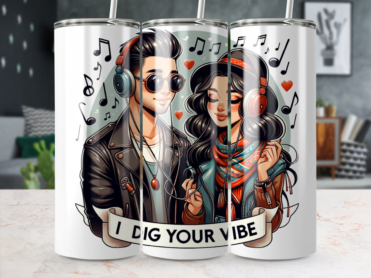 Music Lovers Tumbler, Cool Couple Grooving Graphic, "I Dig Your Vibe"