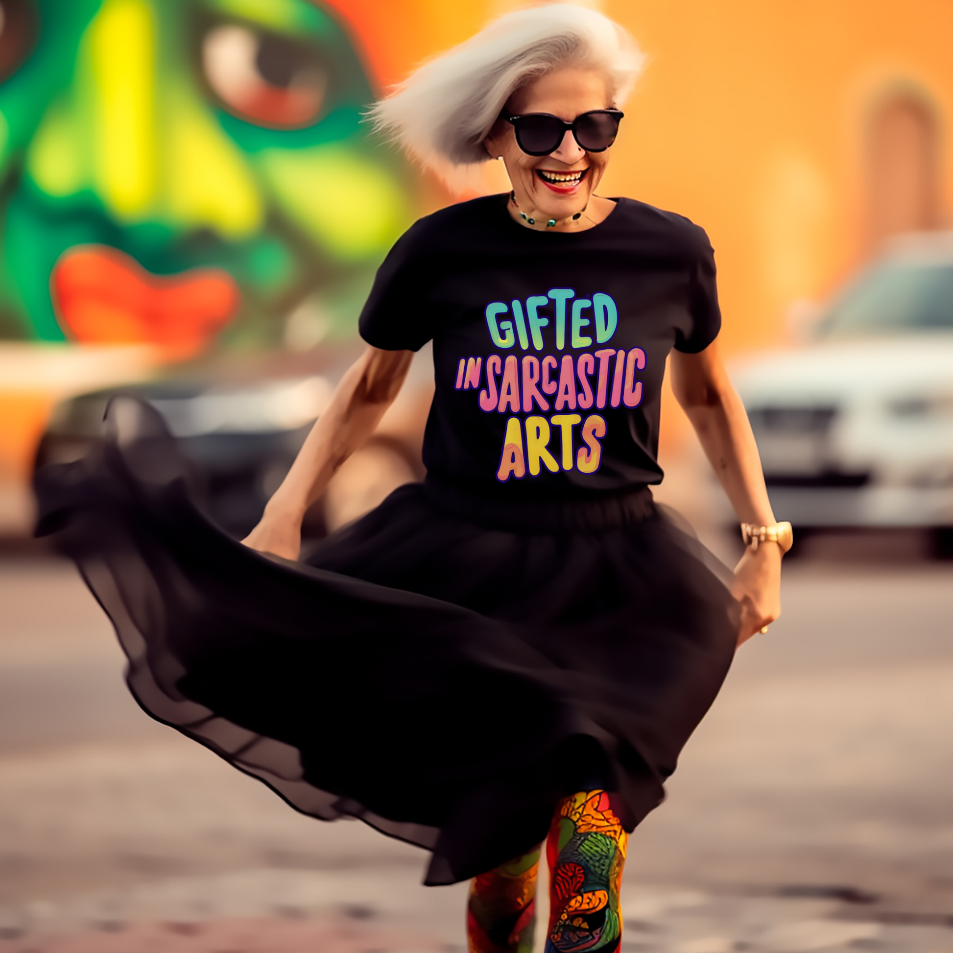 Black Bella and Canvas T-Shirt that reads, Gifted in Sarcastic Arts, worn by a woman walking outside with black skirt  to  match. 