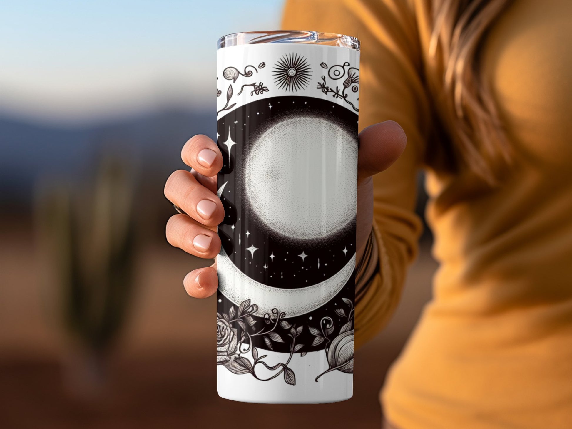 Moon Phases Floral Tumbler, Botanical Celestial, Witchy Gothic Cup