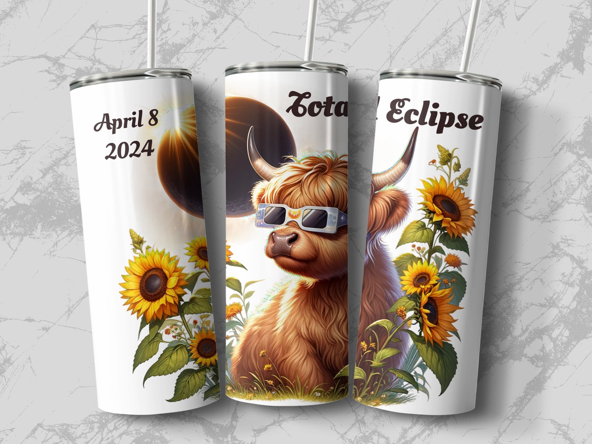 Highland Cow Eclipse Tumbler, Solar Eclipse April 8 2024