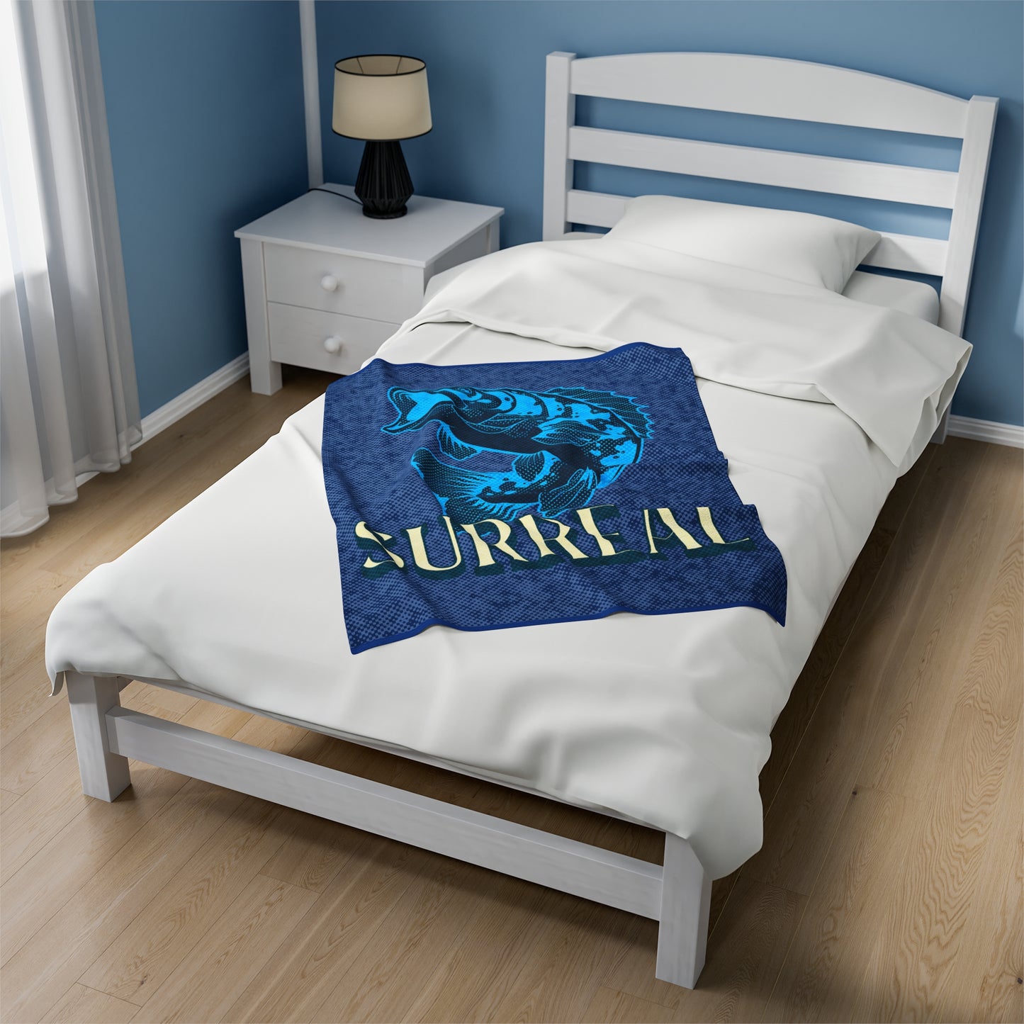 Velveteen Plush Blanket, Blue Fish Design with SURREAL Typography - Cozy Throw, Bedding, Ocean Lover Gift, Home Decor,