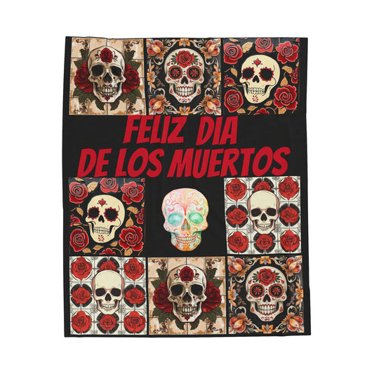 Velveteen Plush Blanket - Dia De Los Muertos Sugar Skulls on Black, Day of The Dead Decor, Cozy Throw Blanket, Festive Home