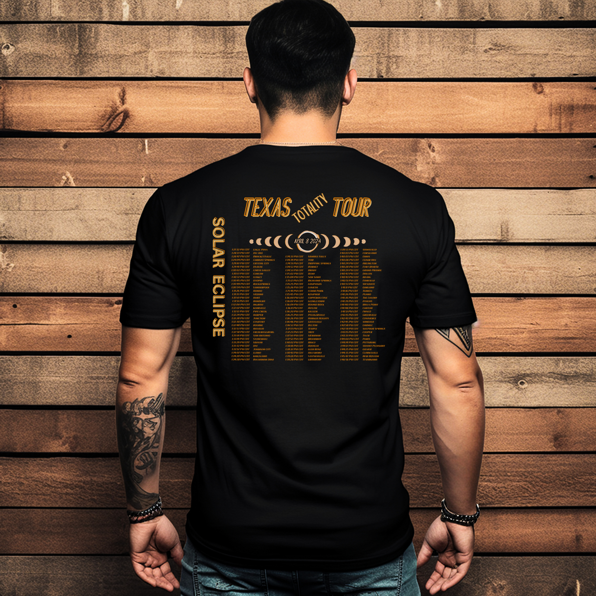 Texas Solar Eclipse graphic reads Two Steppi2024 Eclipse Texas Totality Tour 97 Texas Cities listed in Concert Style back of Tee