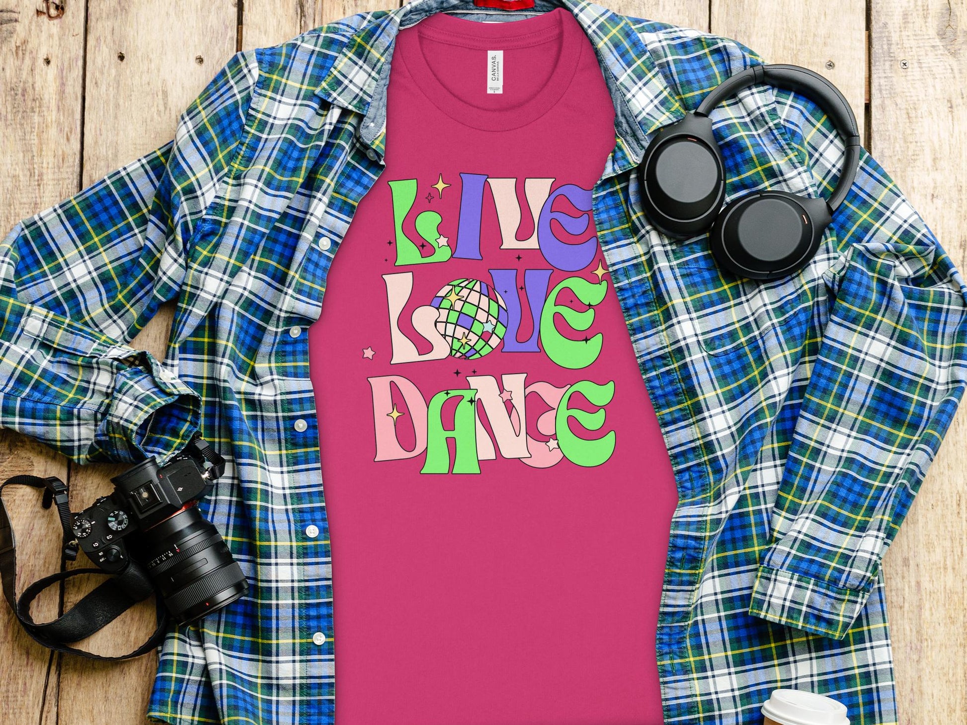 Retro Disco Dance Graphic Tee, Colorful Live Love Dance T-Shirt