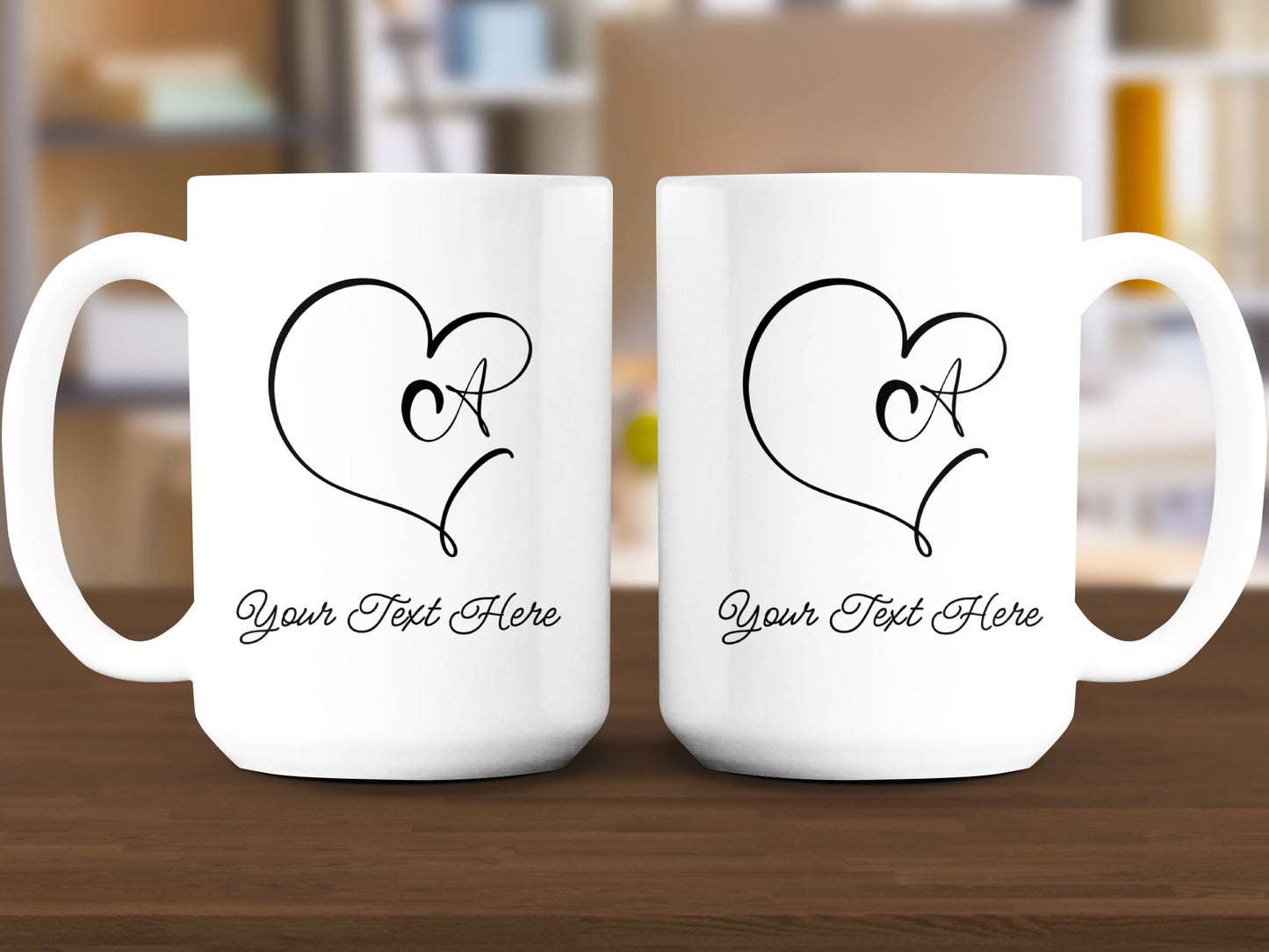 Heart monogram mug, choose letter, add custom text 