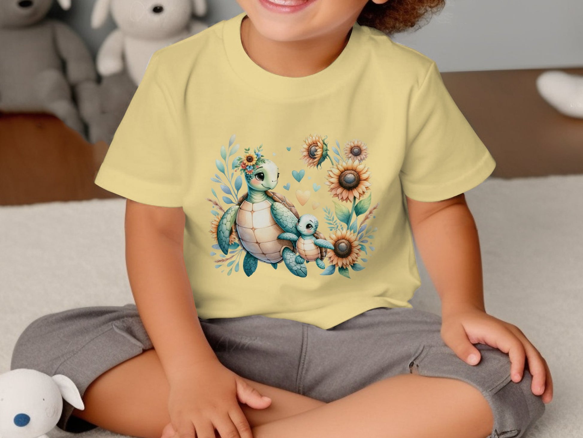 Cute Turtle Family T-Shirt for Toddlers, Sunflower Print