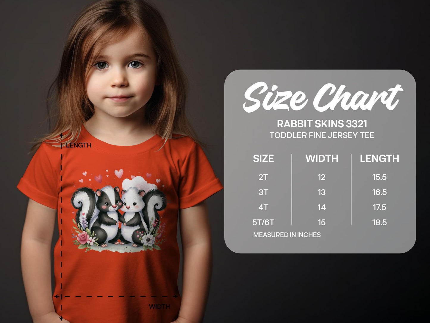 Toddler T-Shirt with Cute Skunk Couple Graphic with Rabbit Skins 3321 size chart