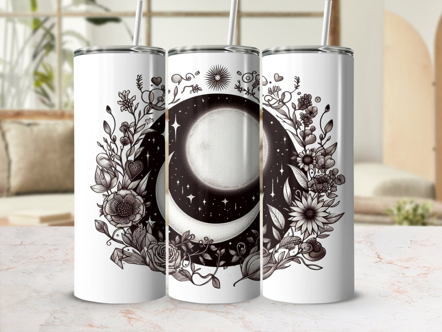 Moon Phases Floral Tumbler, Botanical Celestial, Witchy Gothic Cup