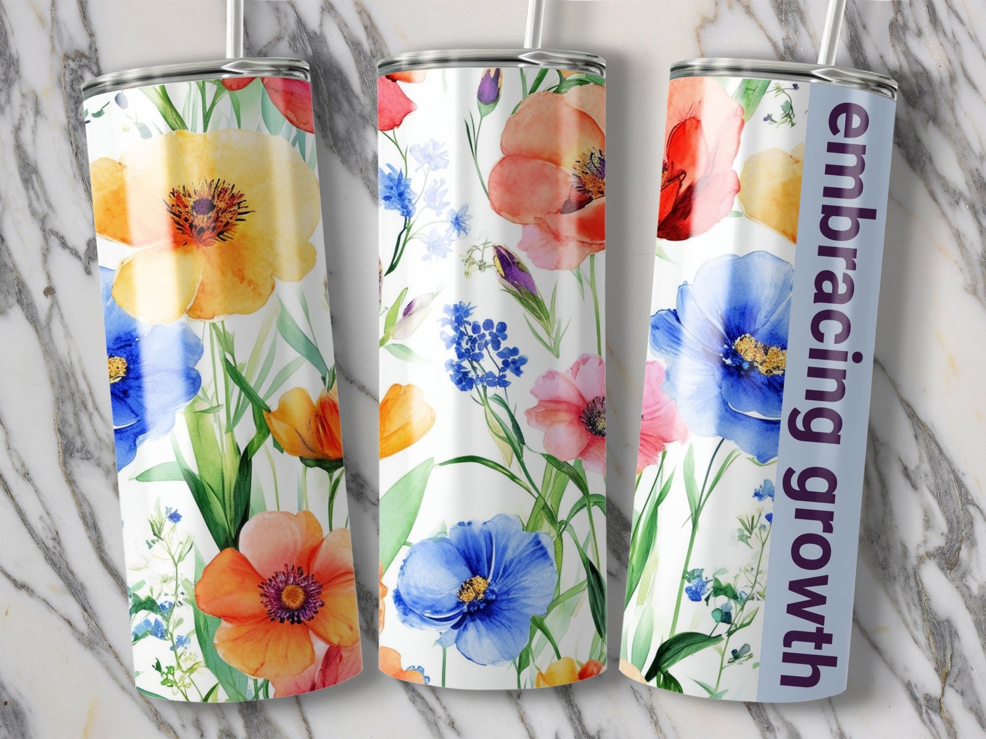 Affirmation Floral Tumbler, Colorful Watercolor Flowers, Insulated Cup