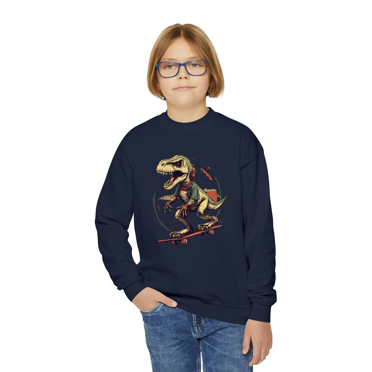 Prehistoric Skater Kids' Dinosaur on Skateboard -  Youth Crewneck Sweatshirt