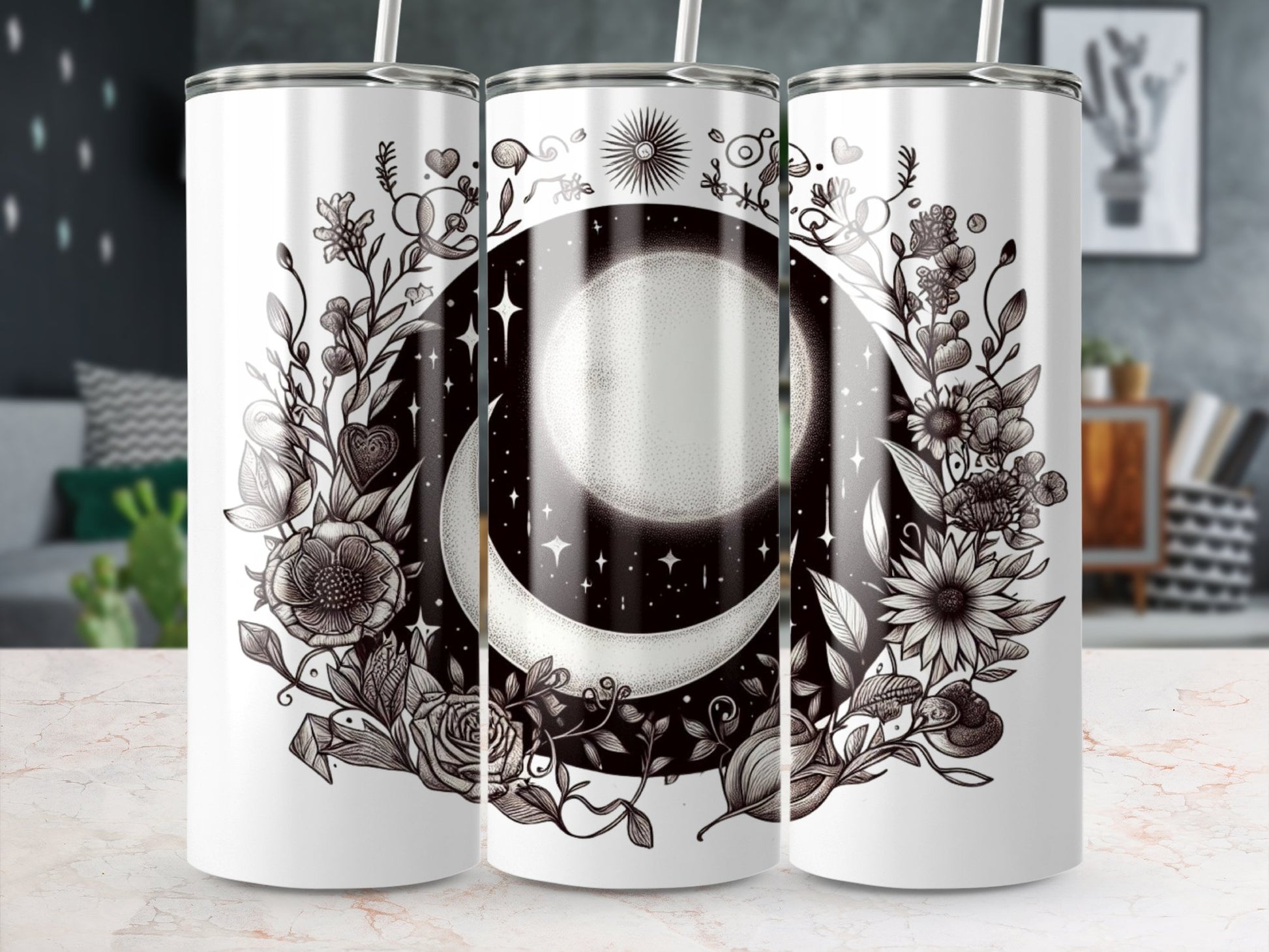 Moon Phases Floral Tumbler, Botanical Celestial, Witchy Gothic Cup