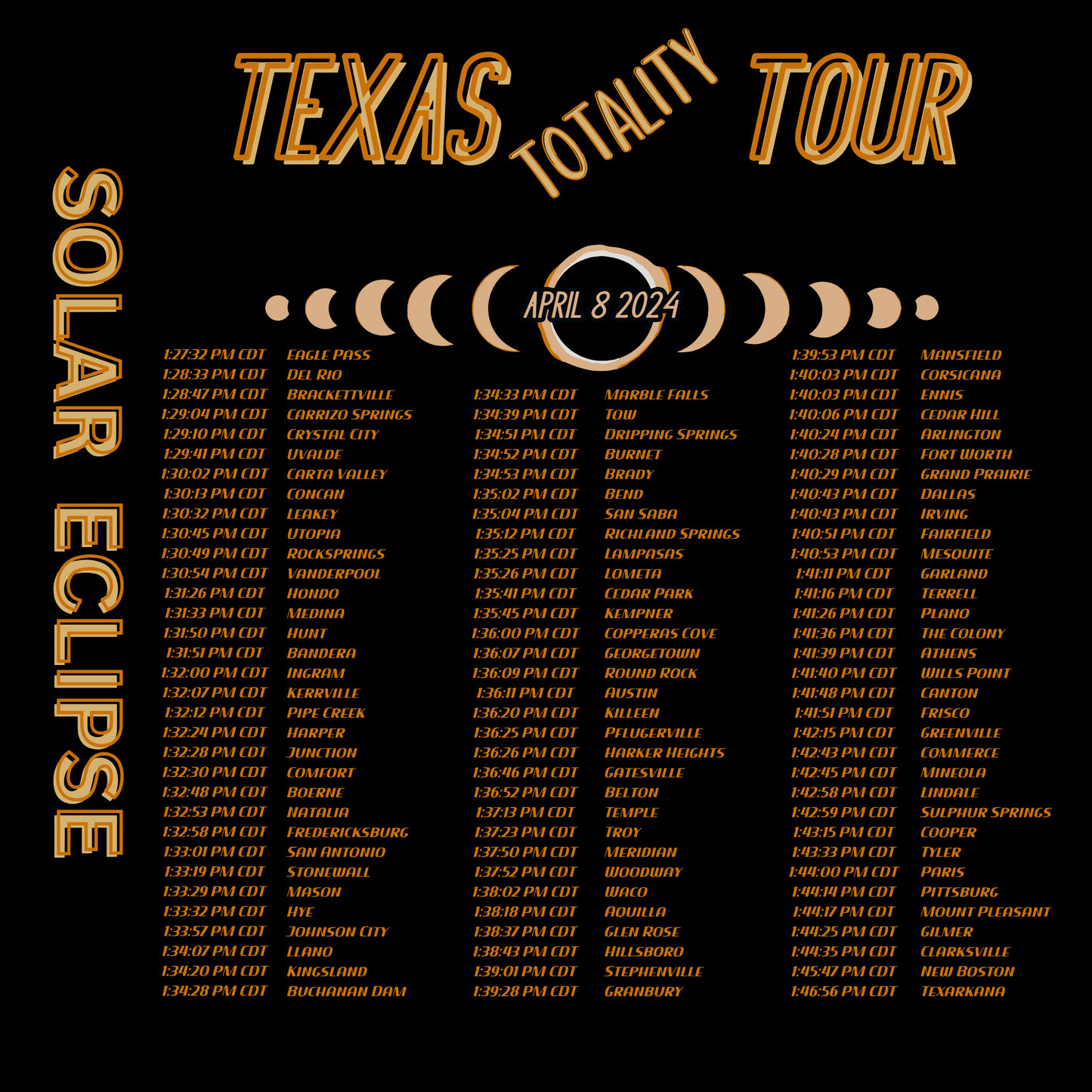 Total Solar Eclipse 2024 Texas Edition - Concert Tee 97 Texas Cities