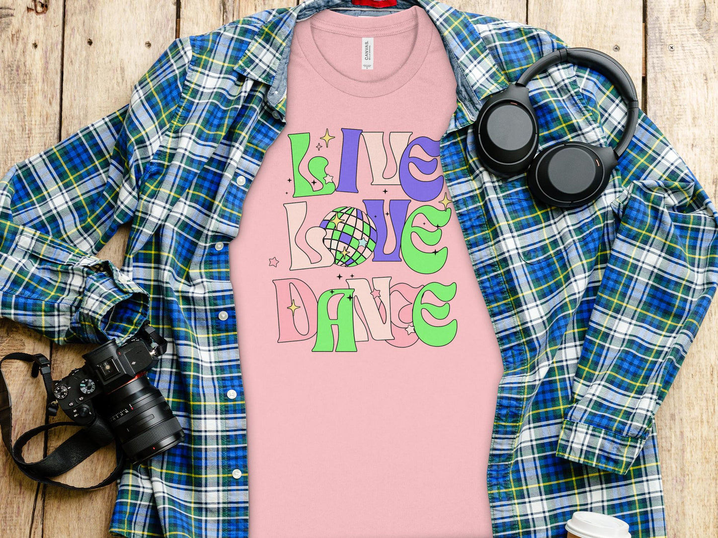 Retro Disco Dance Graphic Tee, Colorful Live Love Dance T-Shirt