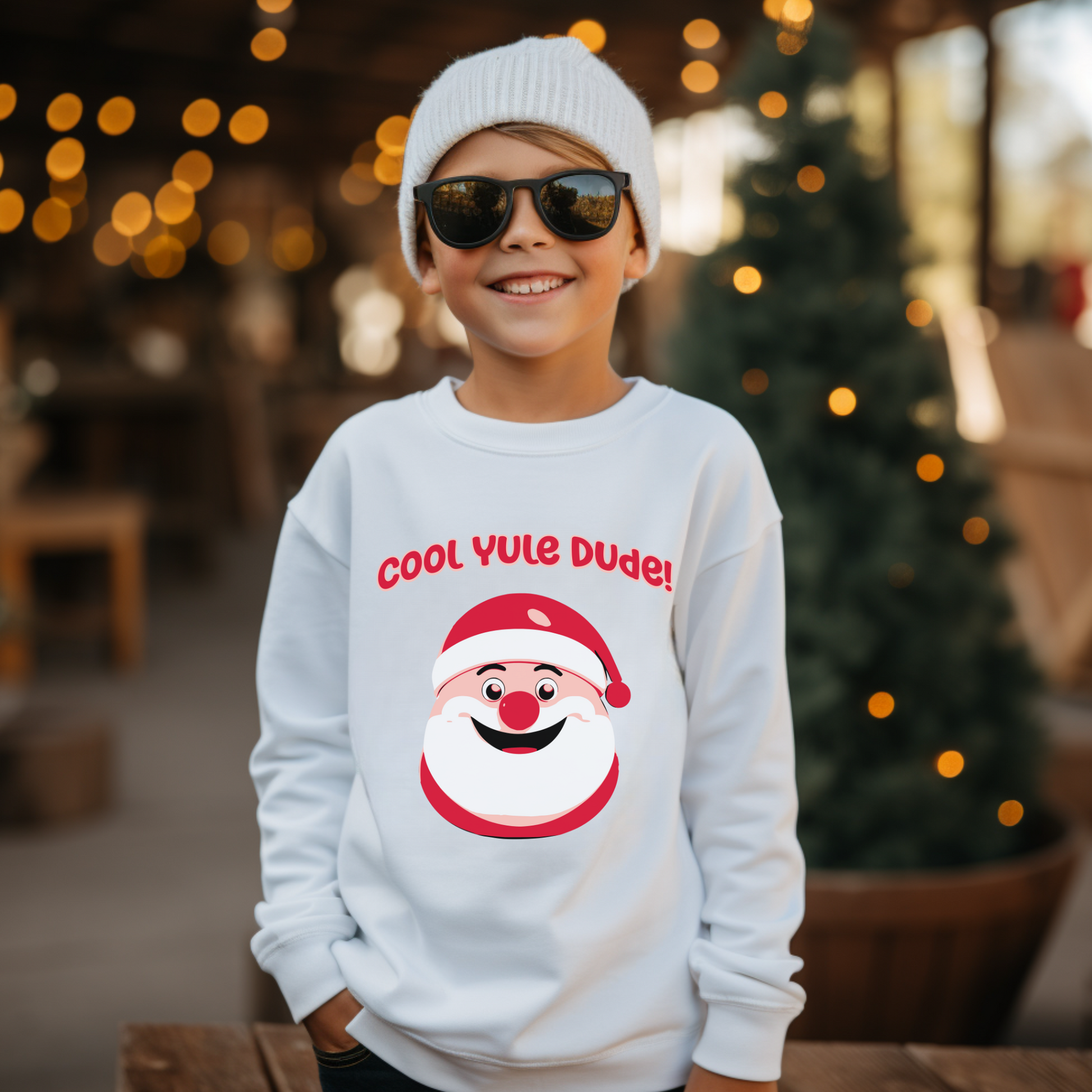 Youth wearing Gildan 18000B Sweatshirt with Kawaii Style Santa Cool Yule Dude!