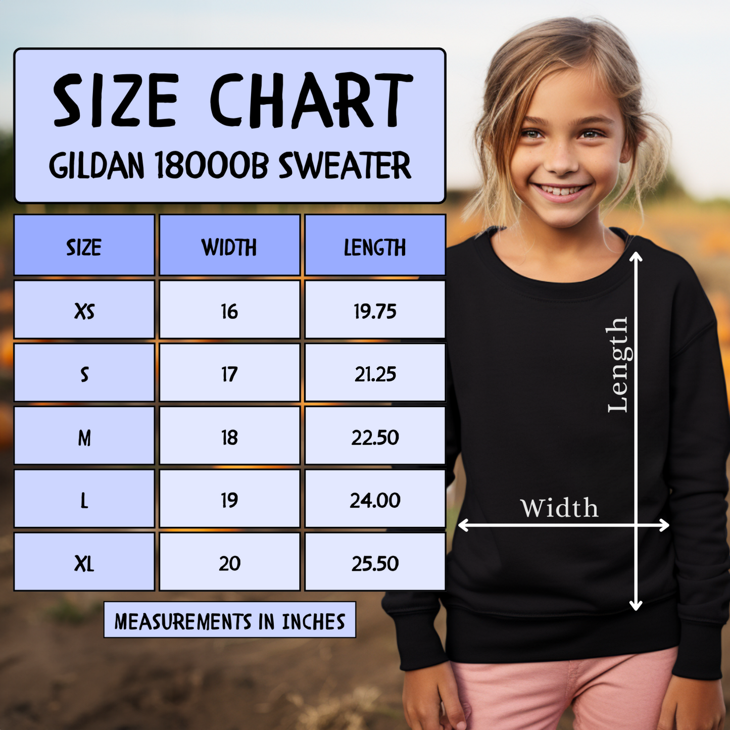 Gildan 18000B Youth Sweatshirt Size chart in inches, Youth in pick demonstrating how to measure for correct size. 