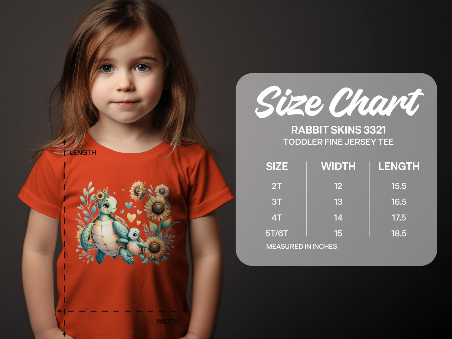 Cute Turtle Family T-Shirt for Toddlers, Sunflower Print with Rabbit Skins size chart