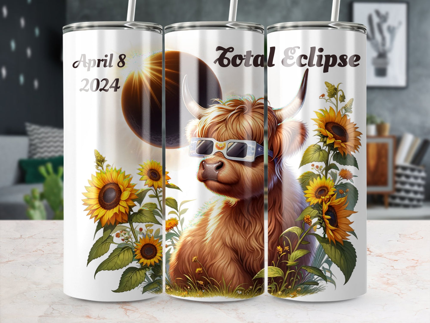 Highland Cow Eclipse Tumbler, Solar Eclipse April 8 2024