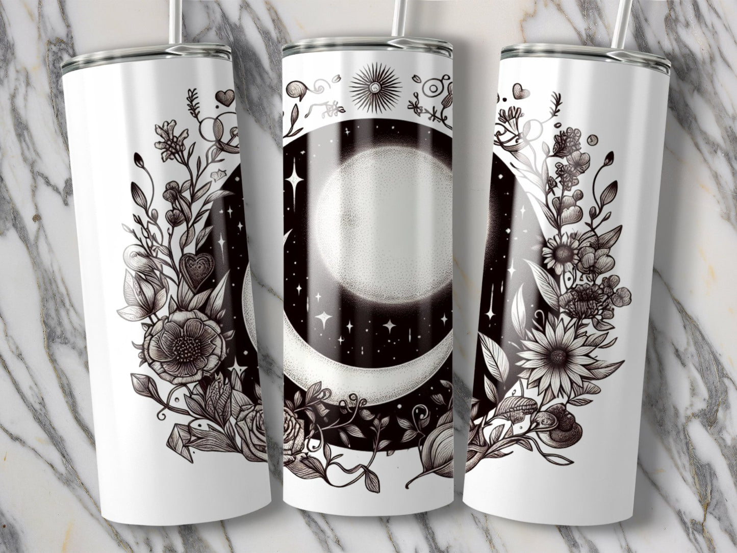 Moon Phases Floral Tumbler, Botanical Celestial, Witchy Gothic Cup