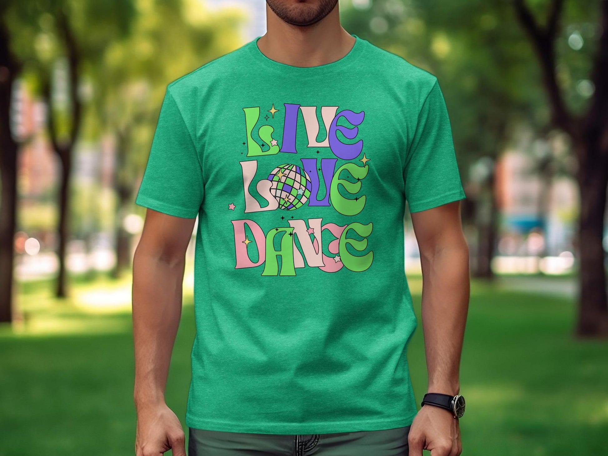 Retro Disco Dance Graphic Tee, Colorful Live Love Dance T-Shirt