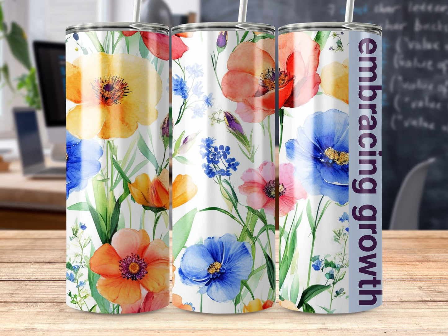 Affirmation Floral Tumbler, Colorful Watercolor Flowers, Insulated Cup