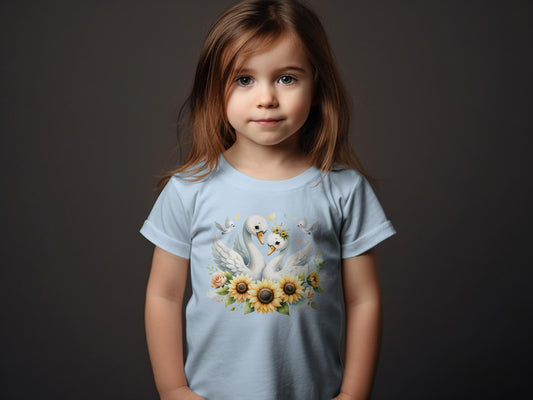 Toddler Swan Print T-Shirt with Sunflowers