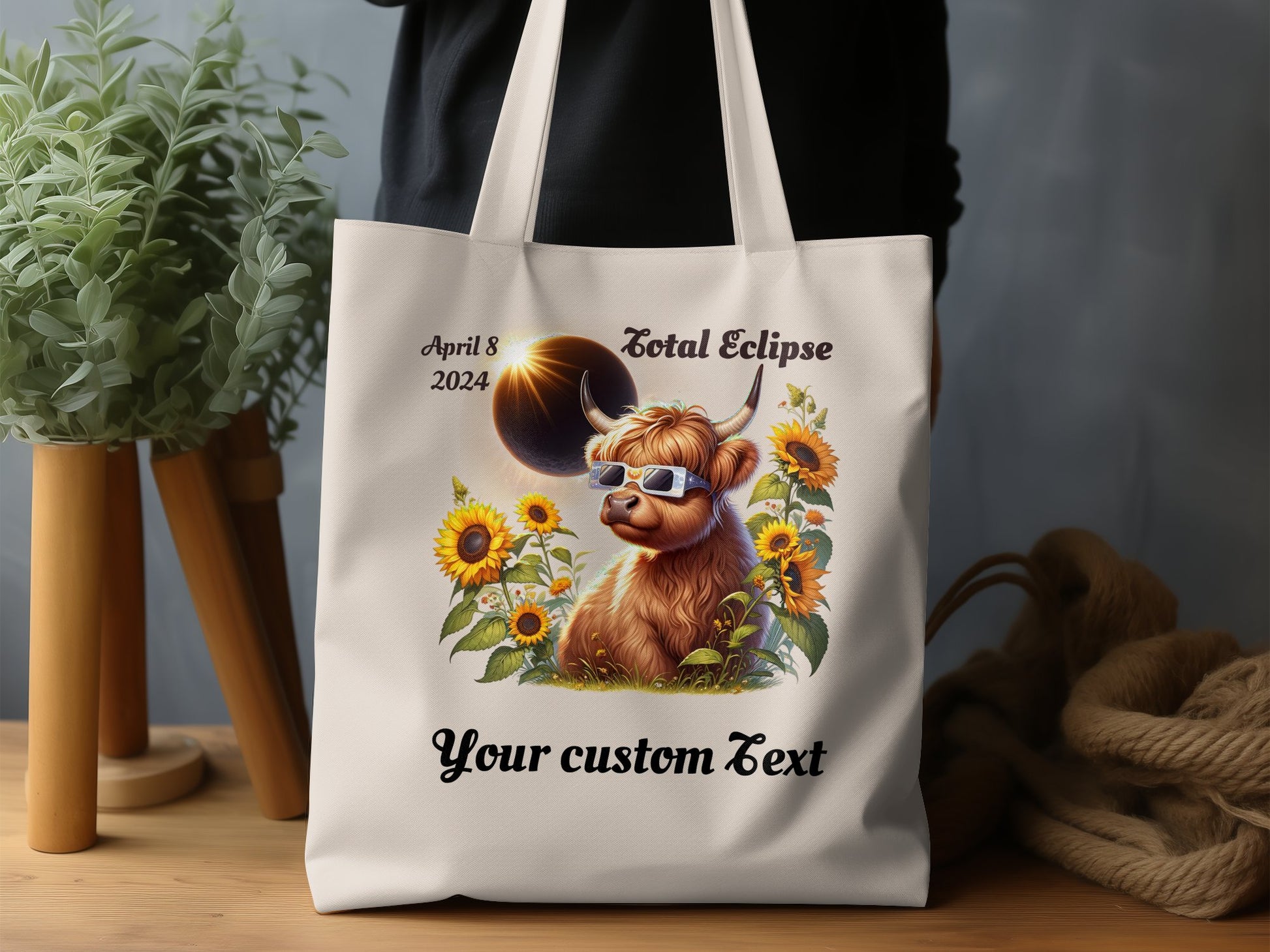 Custom Text Totem "2024 Eclipse" Tote Bag, Highland Cow Design