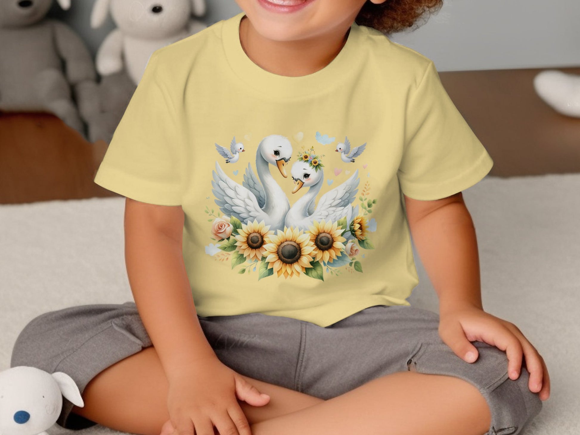 Toddler Swan Print T-Shirt with Sunflowers