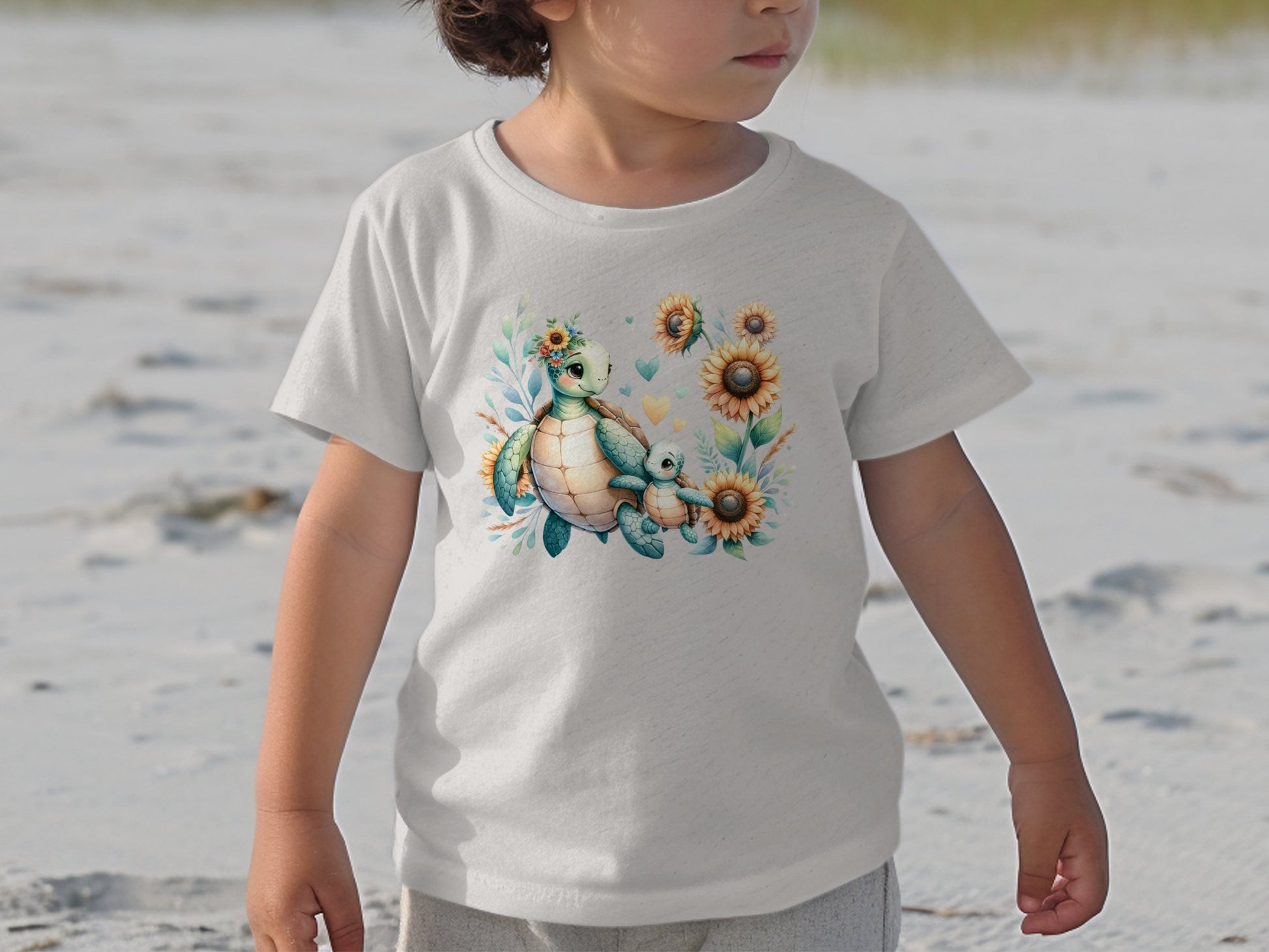 Cute Turtle Family T-Shirt for Toddlers, Sunflower Print