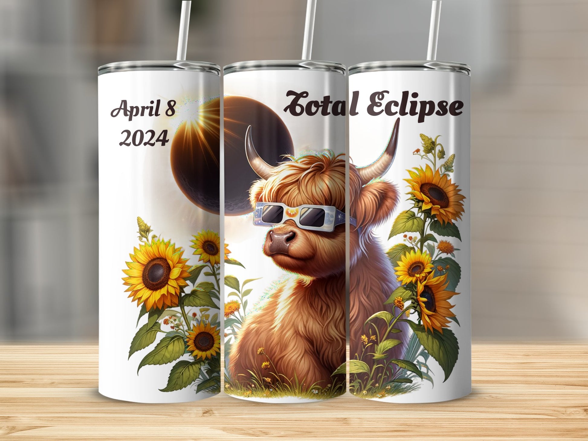 Highland Cow Eclipse Tumbler, Solar Eclipse April 8 2024