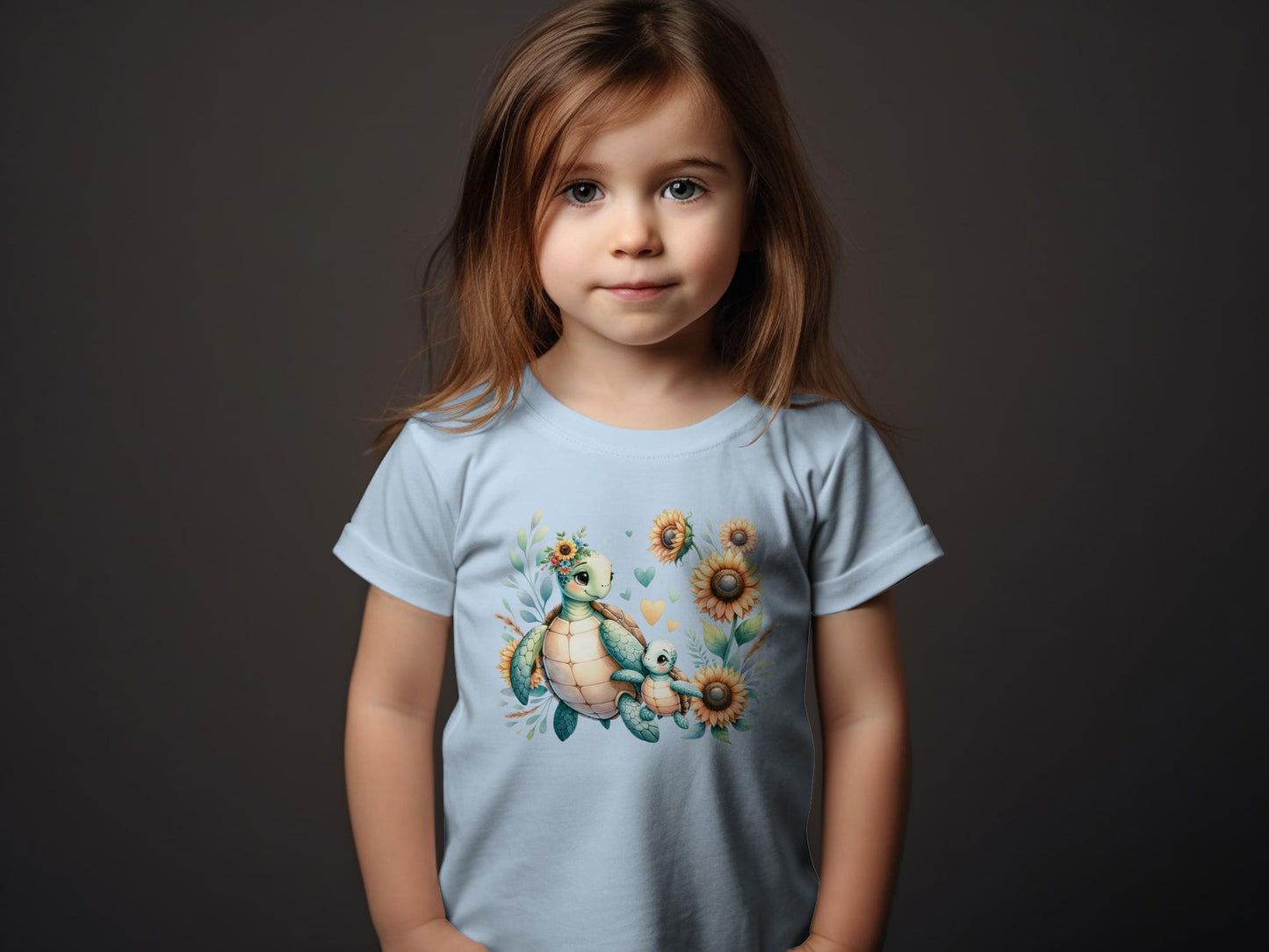 Cute Turtle Family T-Shirt for Toddlers, Sunflower Print