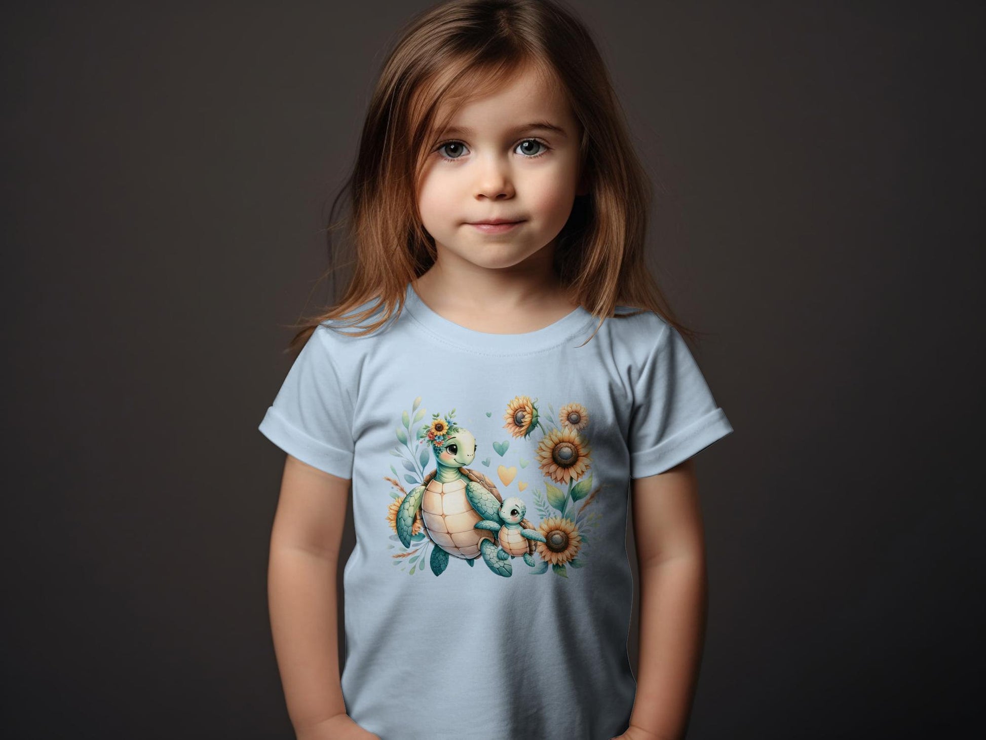 Cute Turtle Family T-Shirt for Toddlers, Sunflower Print