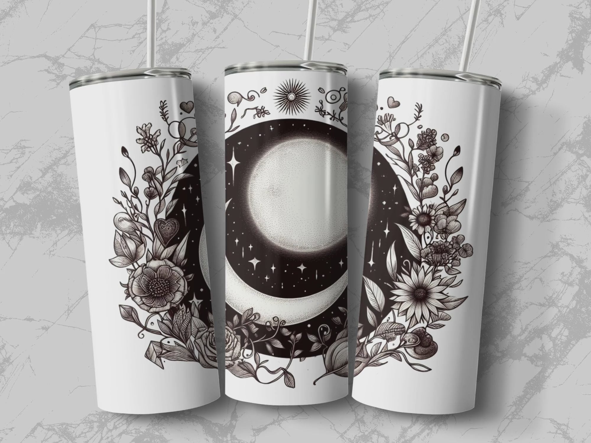 Moon Phases Floral Tumbler, Botanical Celestial, Witchy Gothic Cup Video