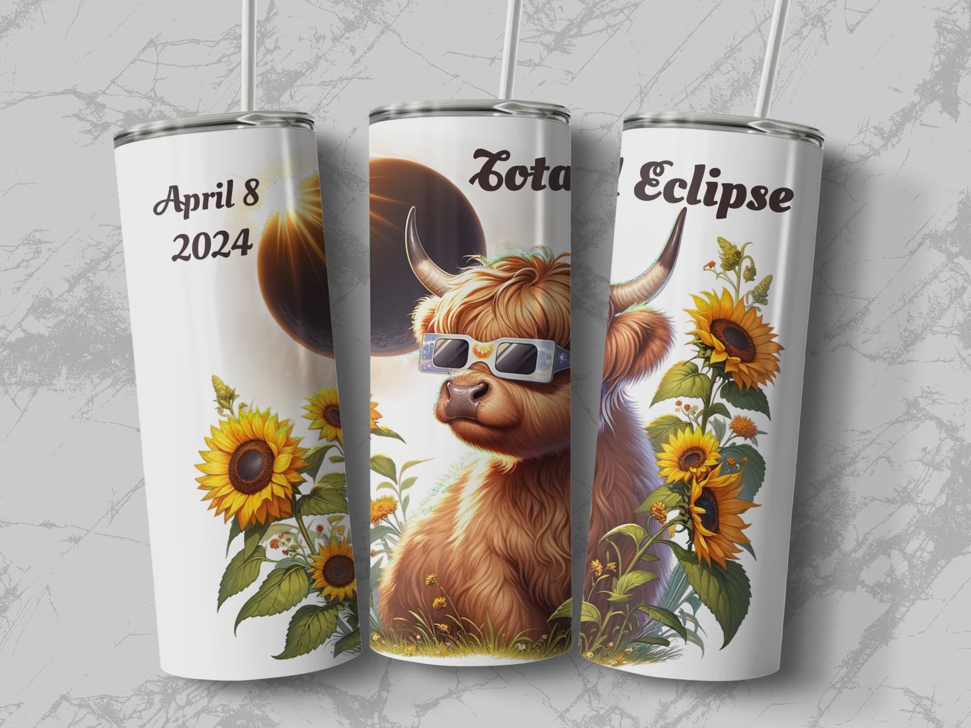 Highland Cow Eclipse Tumbler, Solar Eclipse April 8 2024 video 