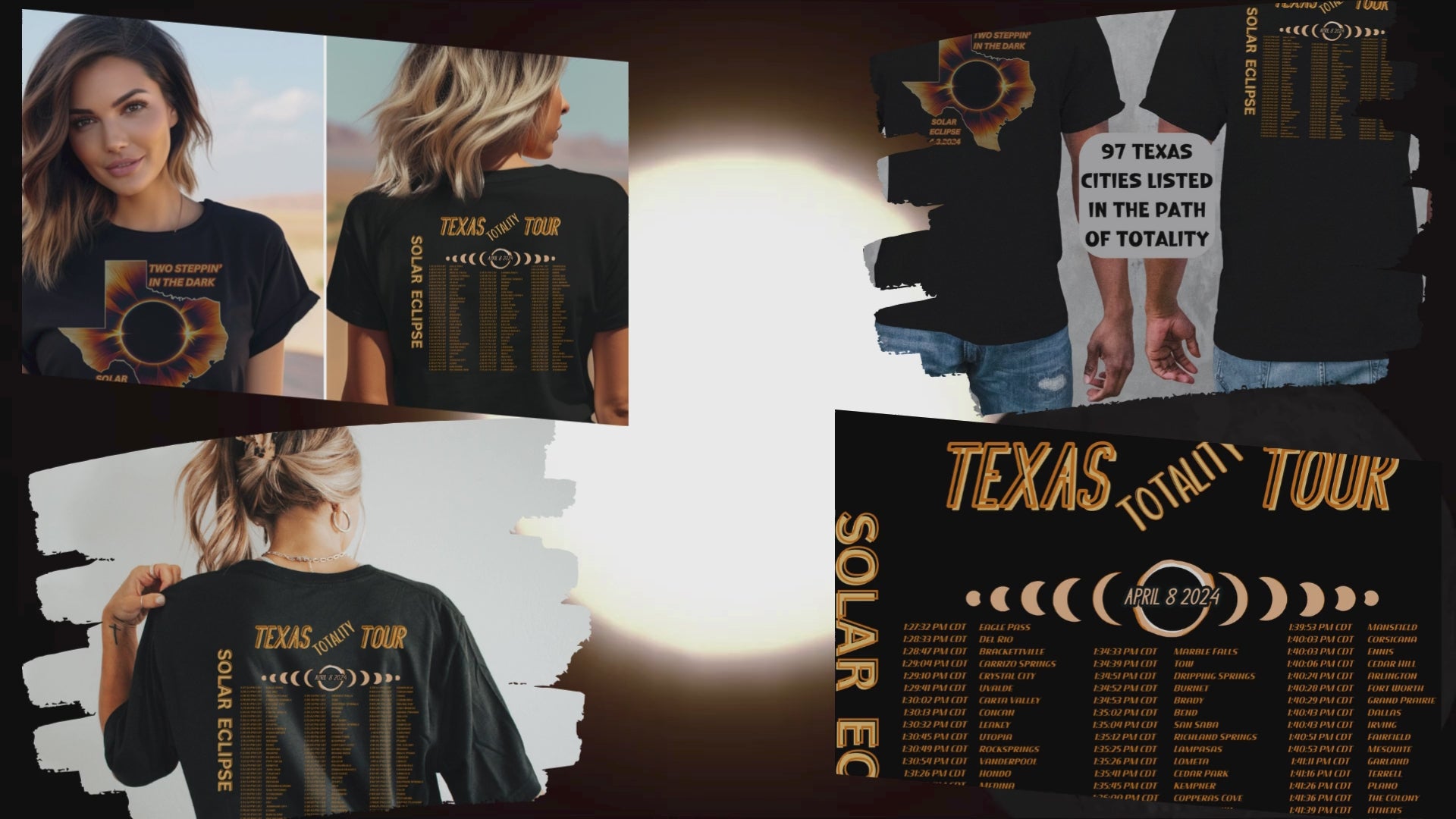 Video showing Texas Solar Eclipse graphic reads Two Steppin' in the dark Solar Eclipse 4.8.2024 and 2024 Eclipse Texas Totality Tour 97 Texas Cities listed in Concert Style back of Tee, with a Solar Eclipse moving in the background. 